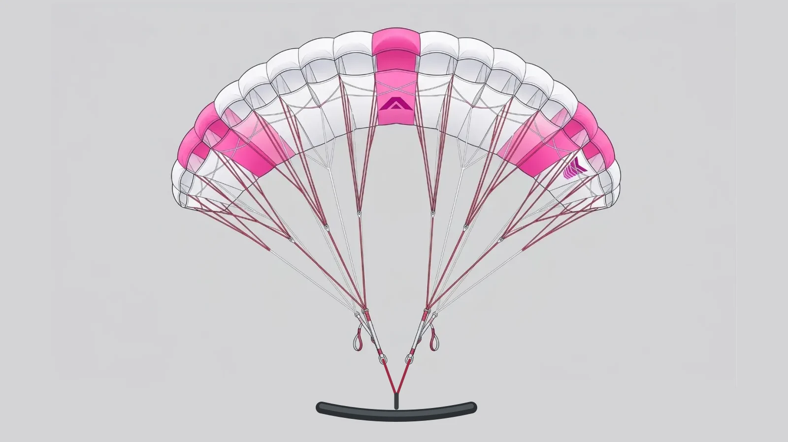 Illustration of the Armstrong parawing seen head-on: white and pink canopy, cascading line set and risers